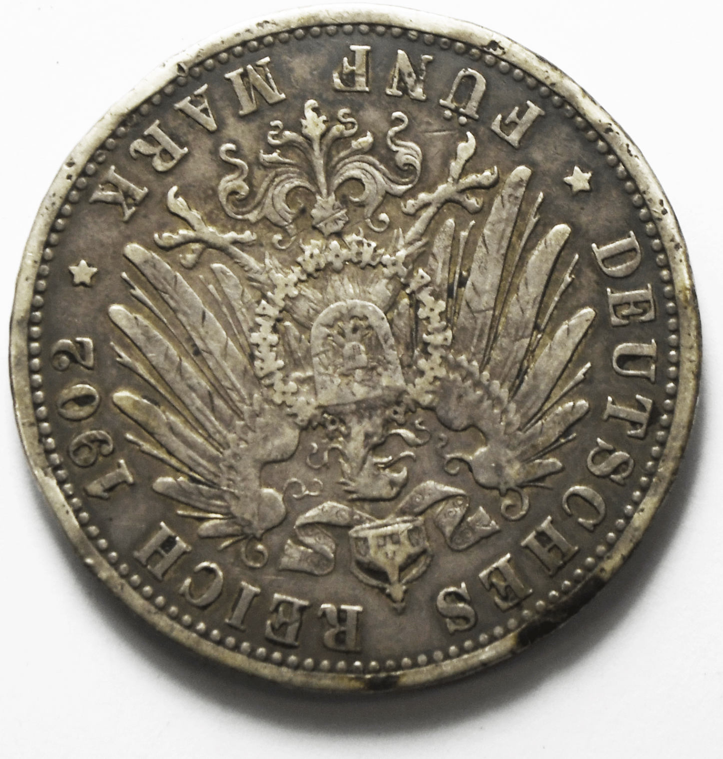 1902 G German States Baden 5 Five Mark Silver Coin KM# 274 Low Mintage Rim Dings