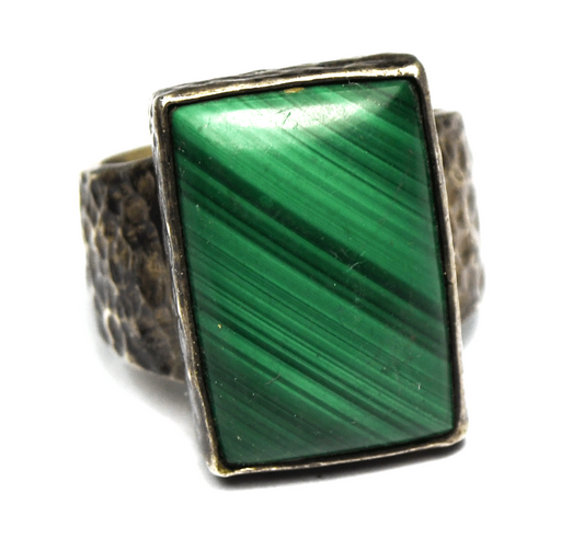 Sterling Silver MM Malachite Green Rectangle Hammered Ring 22mm Size 9-1/2