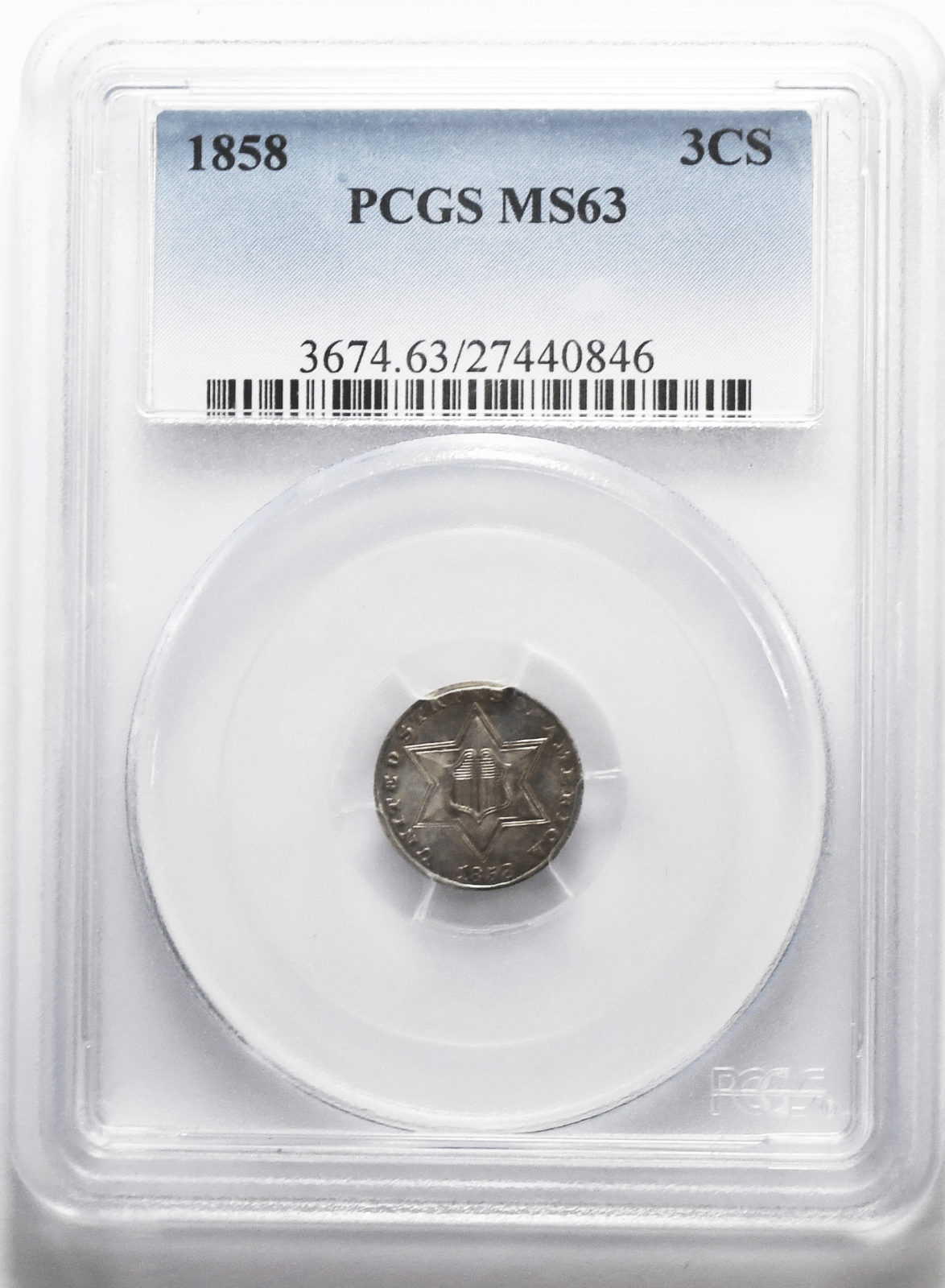 1858 3c Three Cent Silver Trime US Coin PCGS MS63 Uncirculated Philadelphia