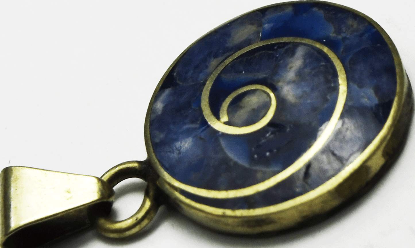 Sterling Silver Blue Sodalite Inlay Spiral Round Disc Pendant 27mm x 17mm