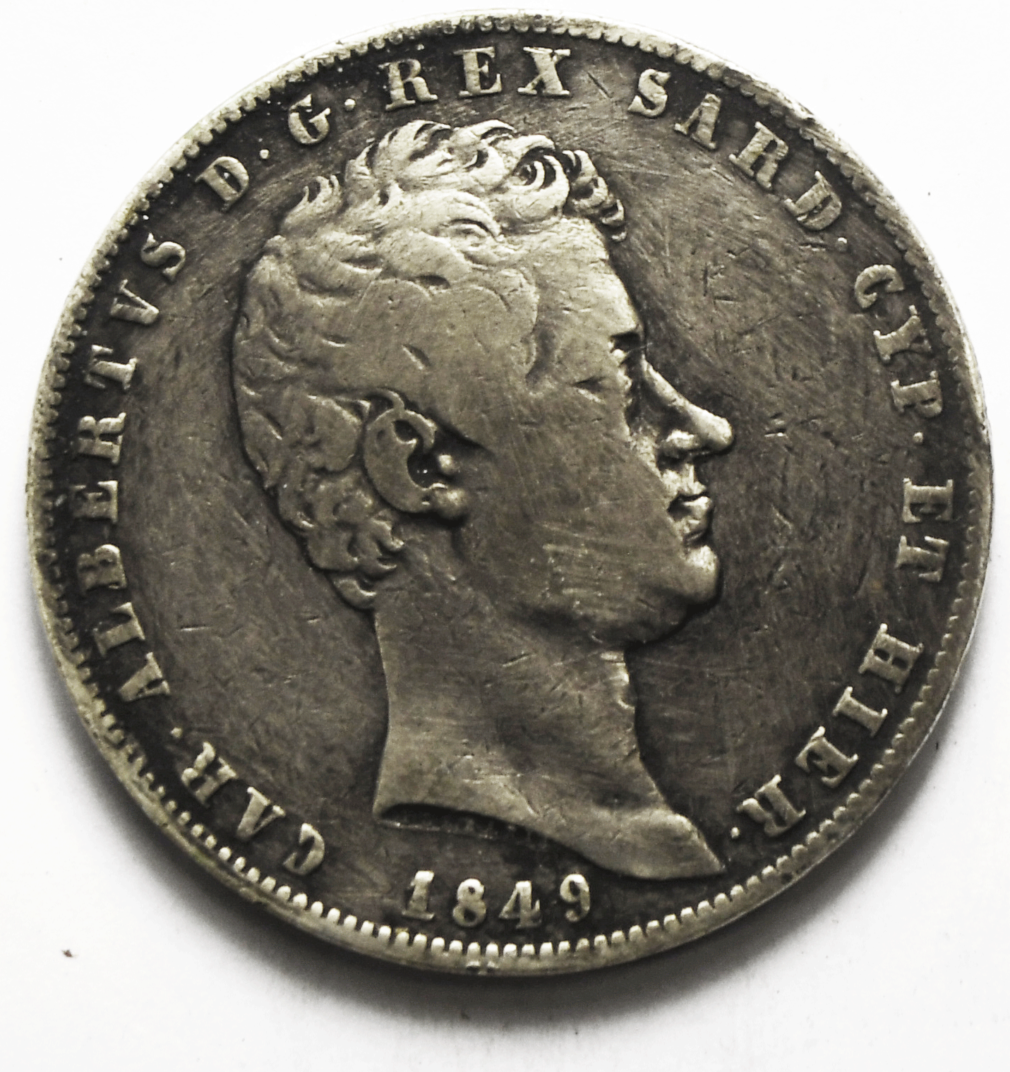 1849 Italian States Sardina 5 Lire Silver Coin Hier KM# 130.1