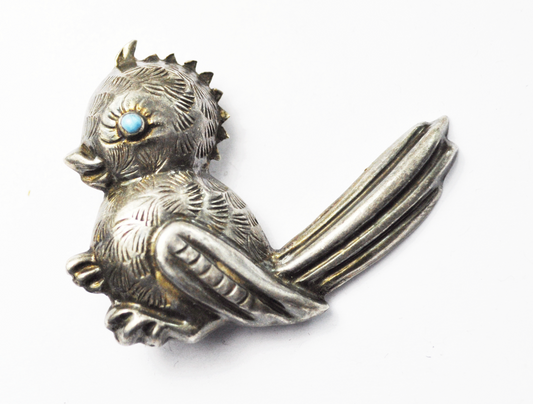 Silver Mexico Hollow Bird Blue Turquoise Eye Etched Brooch Pin 2"