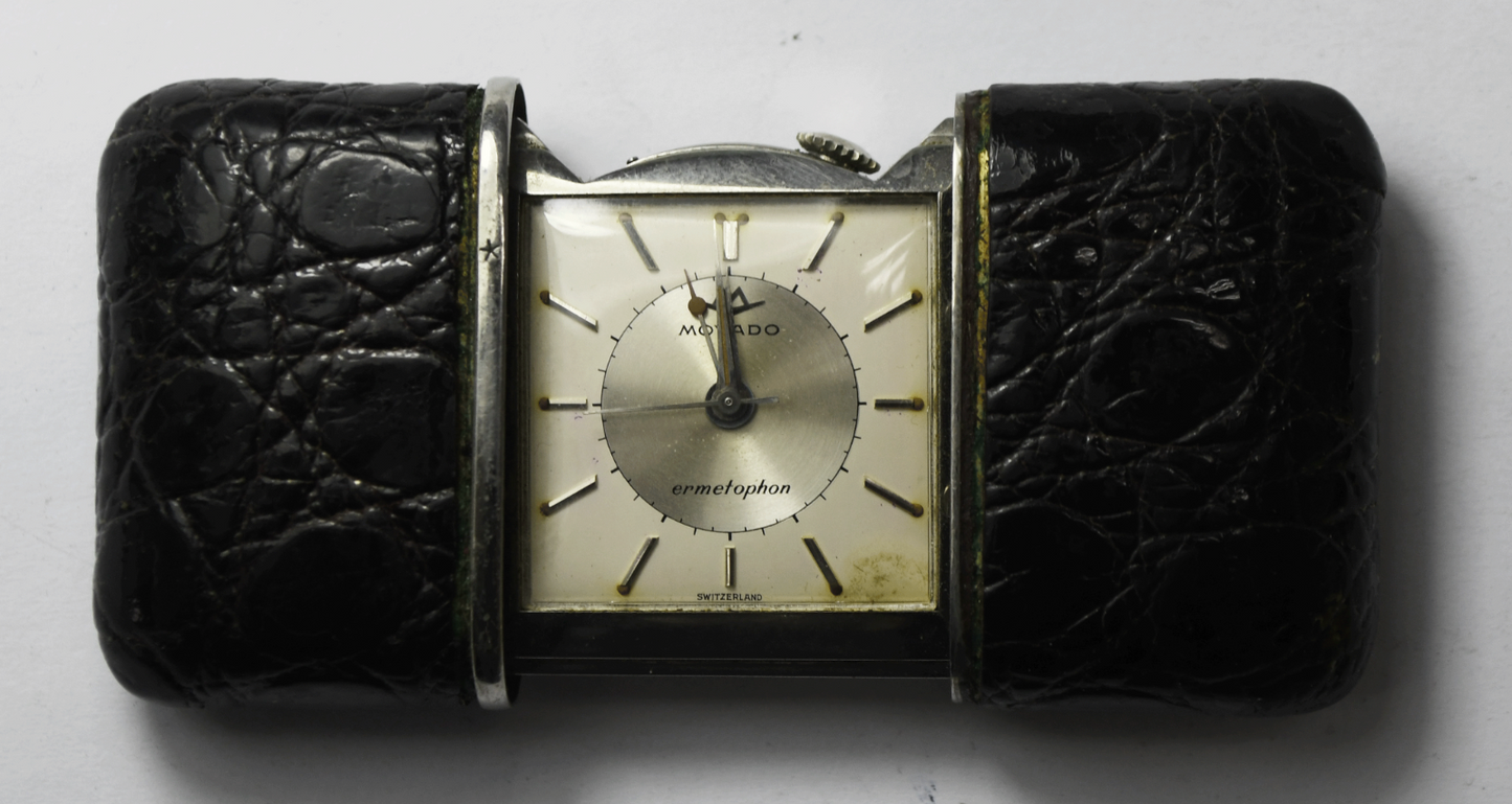 Vintage Movado Ermetophon Pocket Desk Travel Alarm Clock w Box 3-1/8" x 1-1/2"