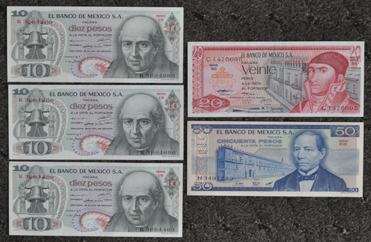 Mexico Uncirculated 50 10 & 20 Pesos Notes Currency R3884888 & 89 Sequential