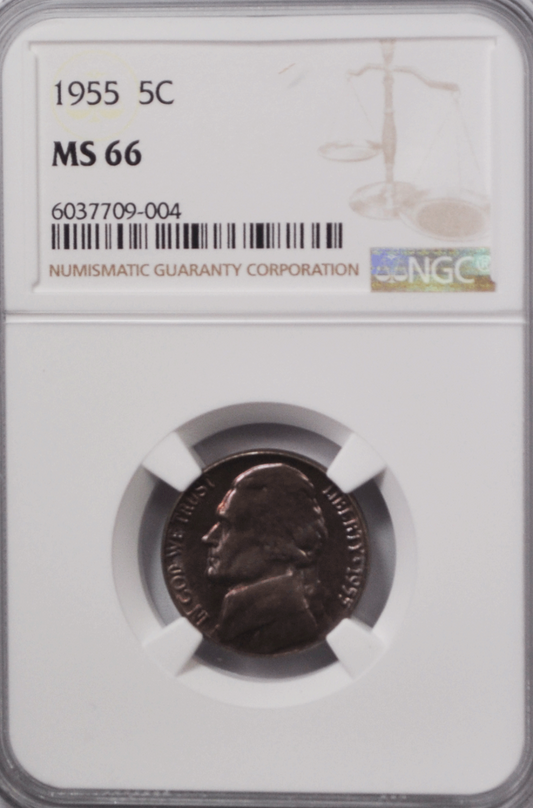 1955 5c Jefferson Nickel Five Cents NGC MS66 BU Philadelphia Purple Toned