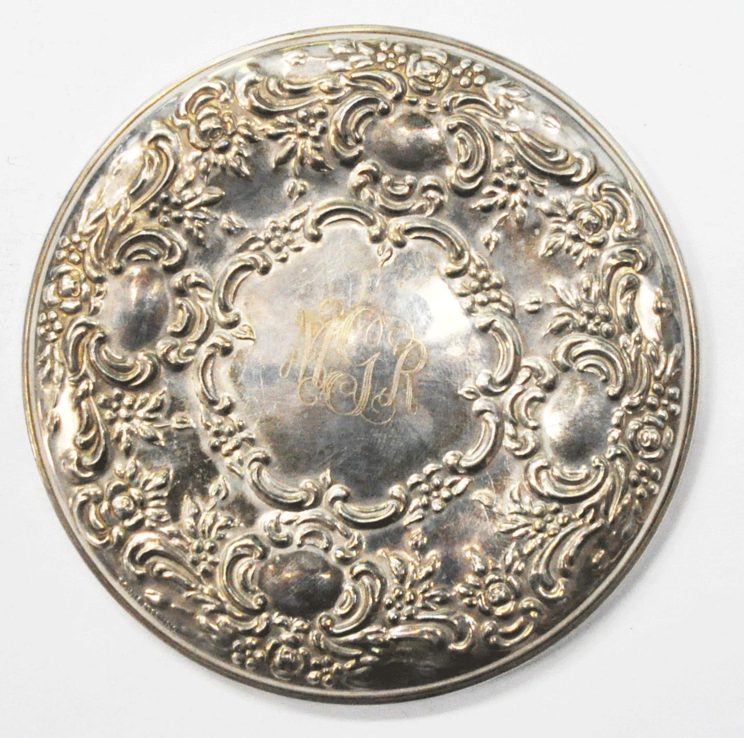 Vintage Silver Plated Compact Mirror Scroll Pattern 3-1/4"