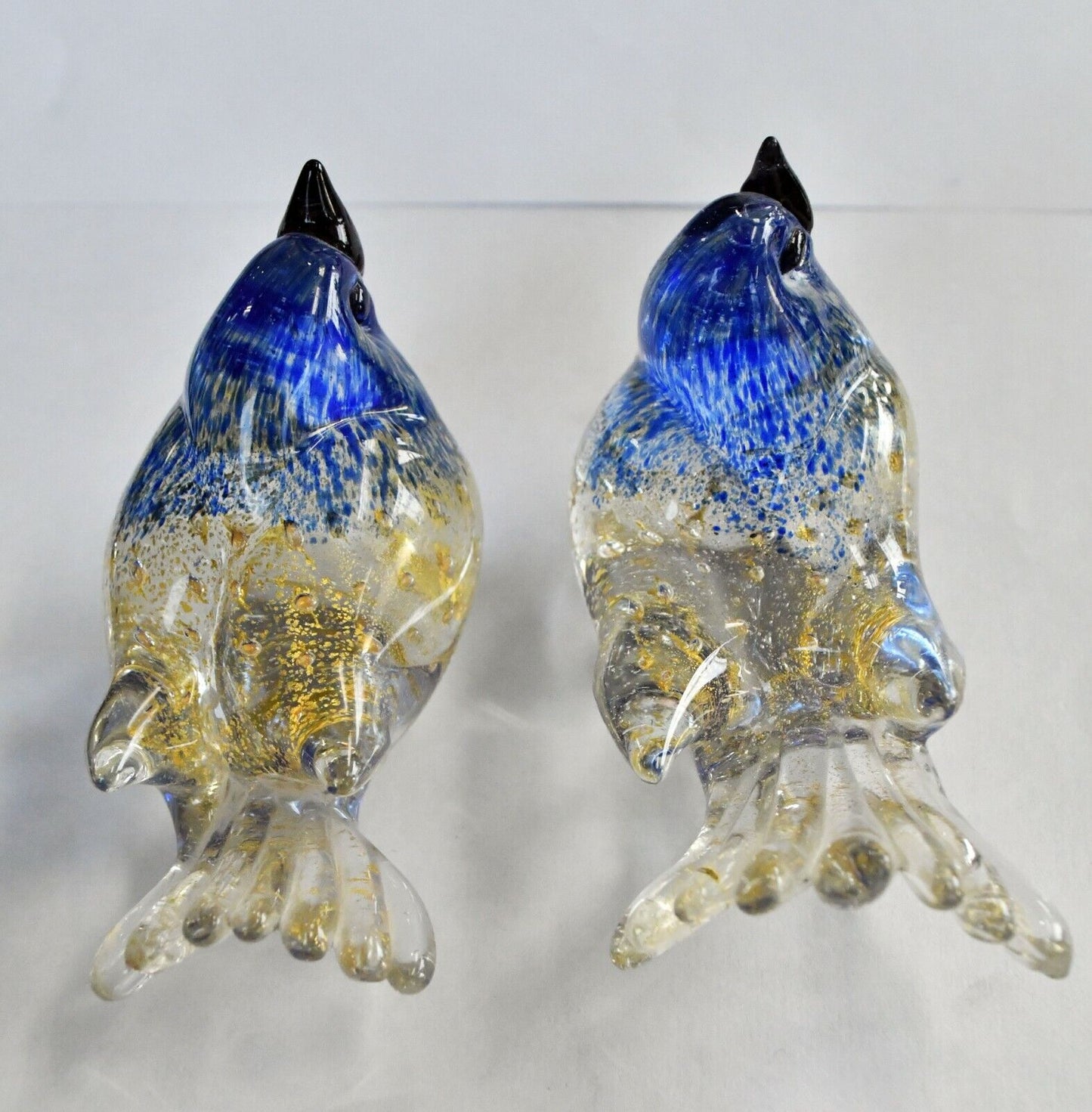 Set of 2 Hand Made Glass Songbirds Blue and Gold Flake 3 3/4" from Tail to Beak