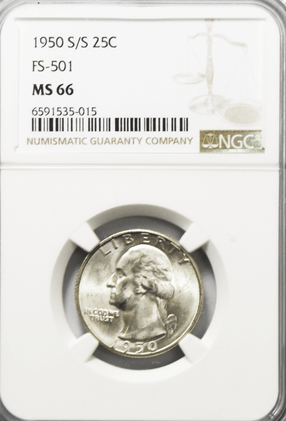 1950 S/S 25c Washington Silver Quarter Dollar NGC MS66 FS-501 Top Pop