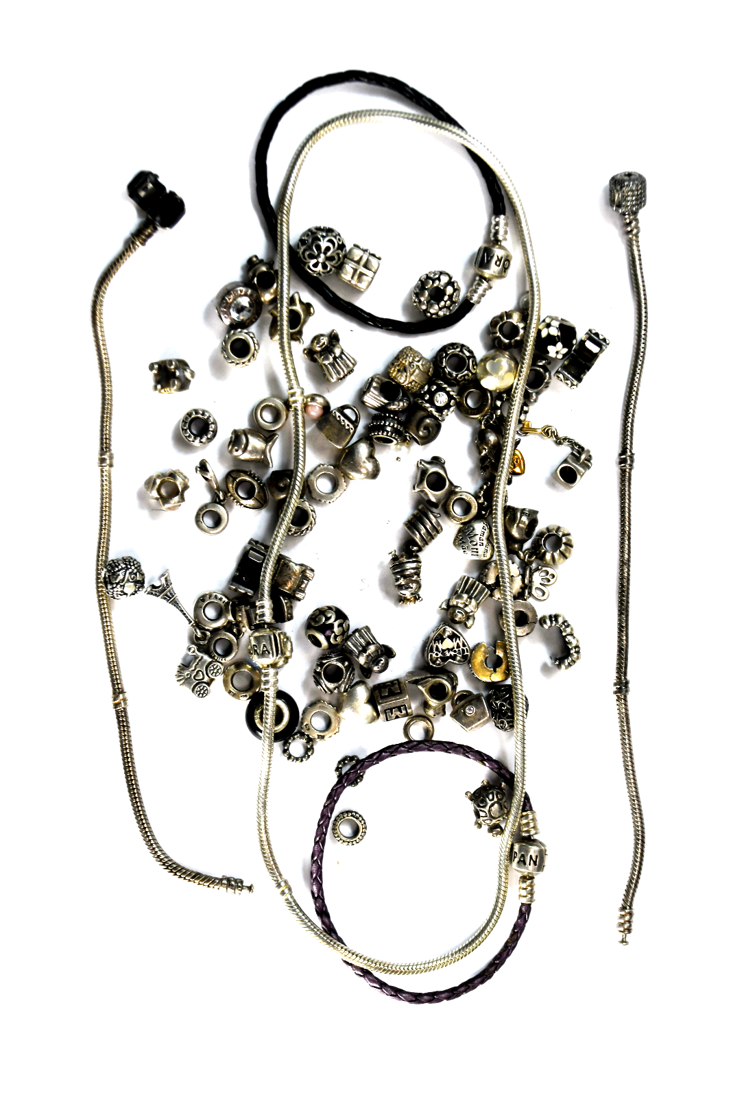 Lot of 70 Sterling Silver Pandora Ale Charms 4 Bracelets & 19.5" Necklace 280g