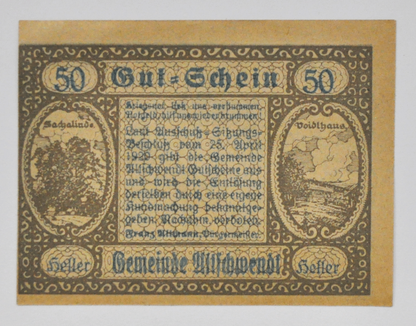 50 Fifty Heller Austria Notgeld Gutschein Altschwendt Uncirculated