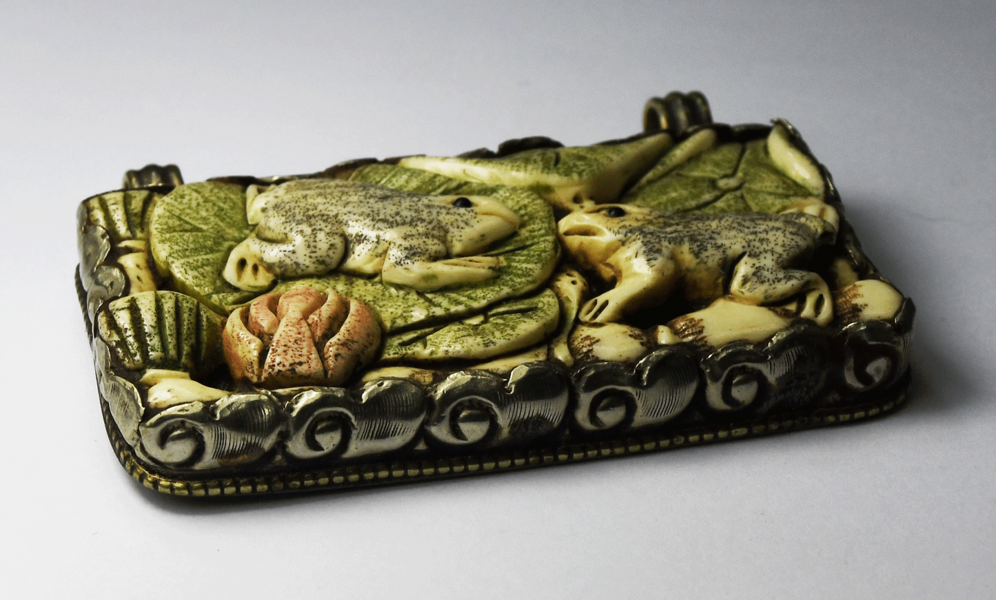 Silver Plated Tibetan Ornate Large Rectangle Pendant Carved Frogs 64x45mm