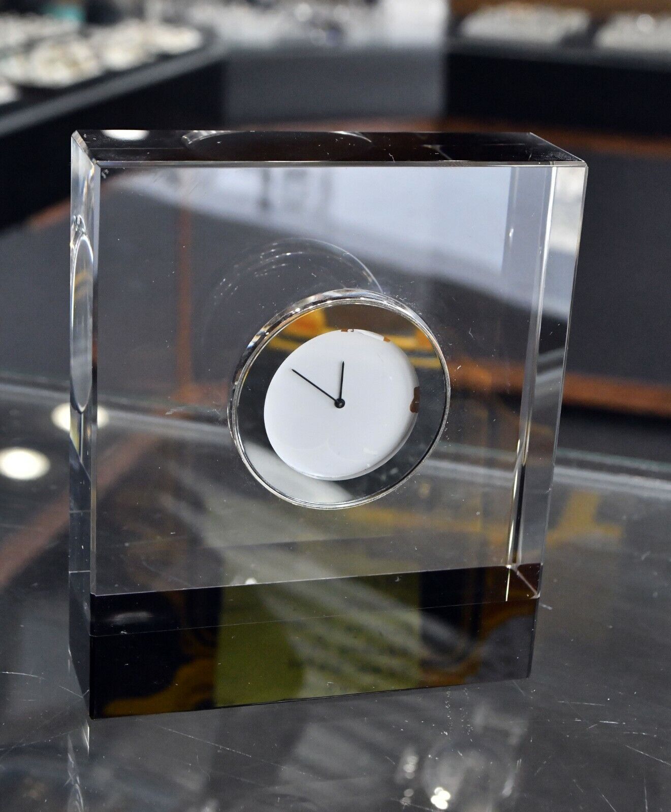 Vintage Seiko Precision Clear Black Glass Paperweight Clock 4 1/4" x 4"