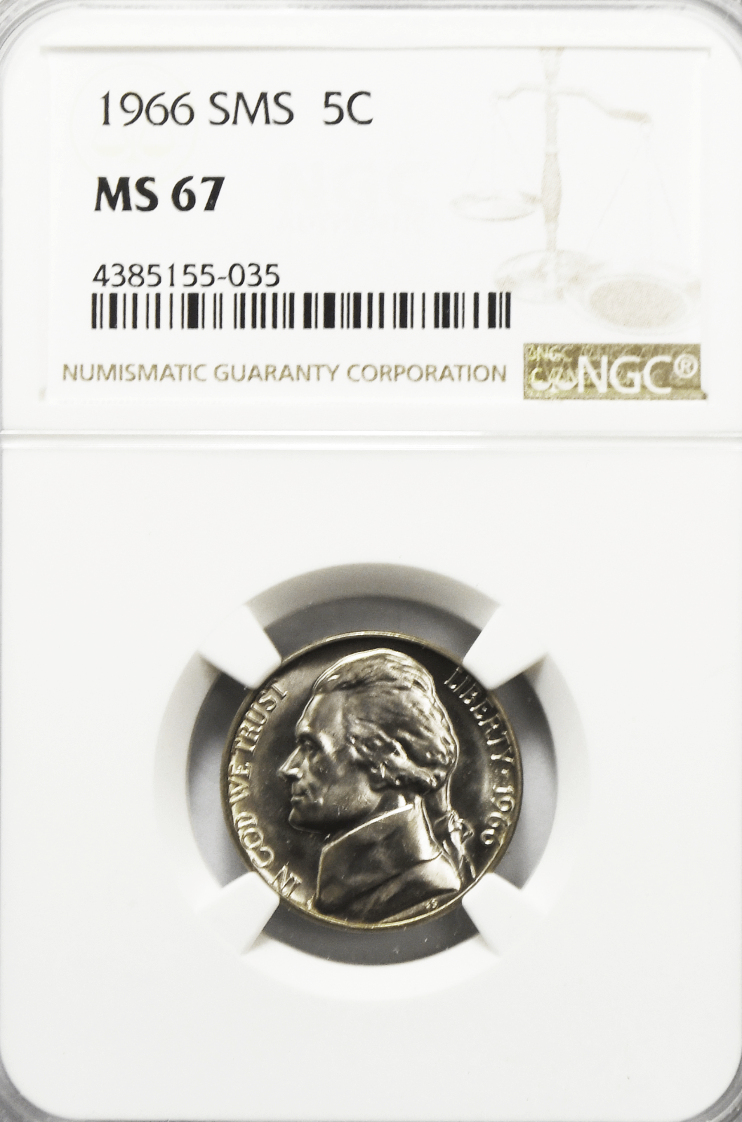 1966 SMS 5c Jefferson Proof Nickel NGC PF67 Gem Uncirculated Philadelphia