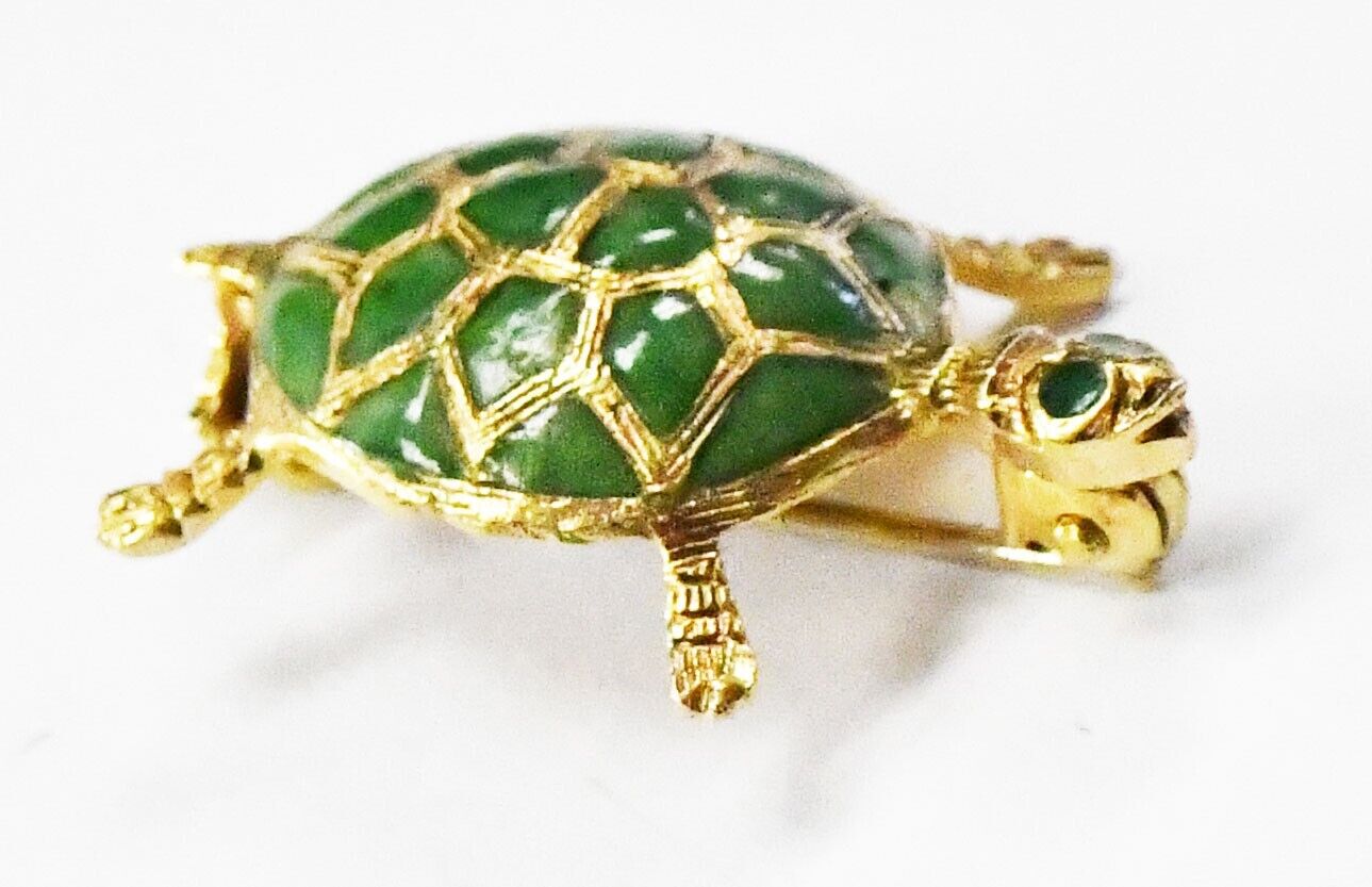 14k Yellow Gold Green Enamel Turtle Brooch Pin 25mm x 18mm