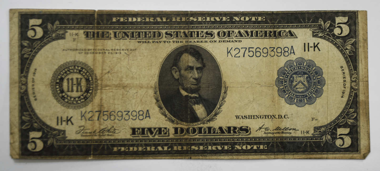 1914 $5 Federal Reserve Note K27569398A Dallas TX Fr#947