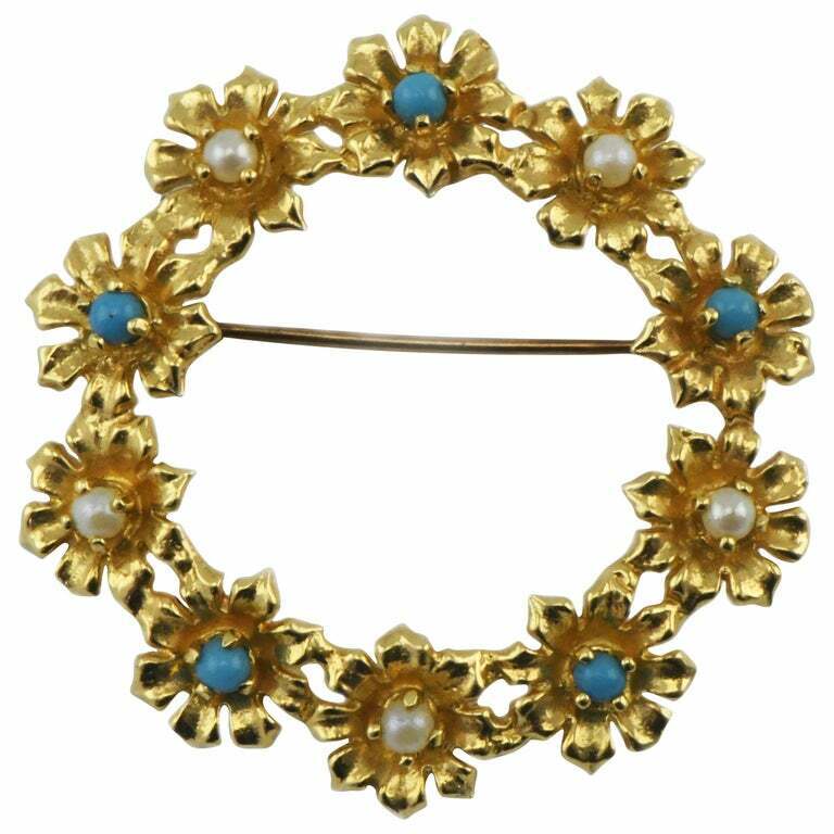 Classic 14 Karat Gold Flower Wreath Brooch Pin with Pearls and Turquoise Accents