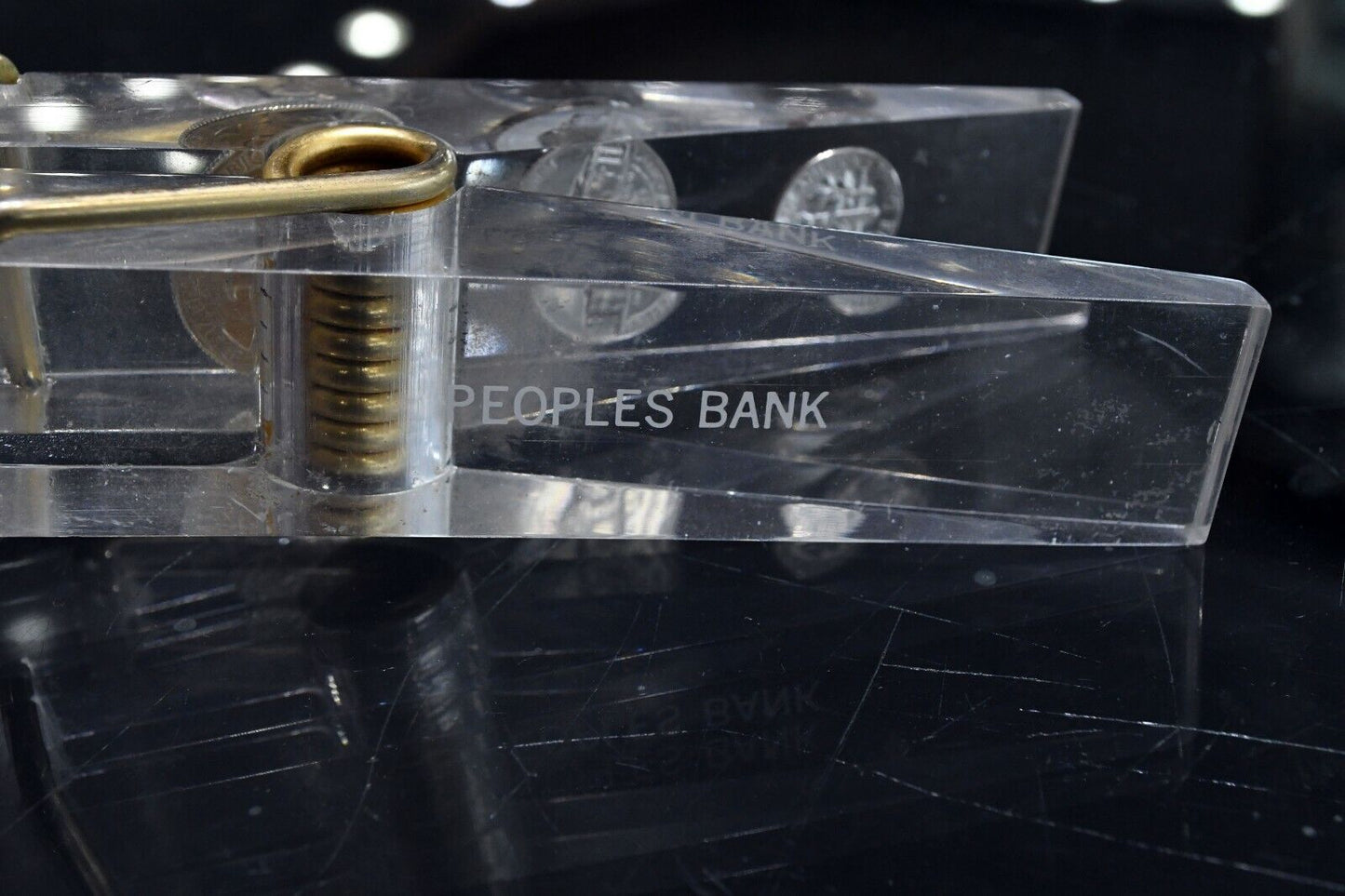 1960's Giant Clothesline Pin Paperweight The Peoples Bank 6 1/4" Silver Quarter