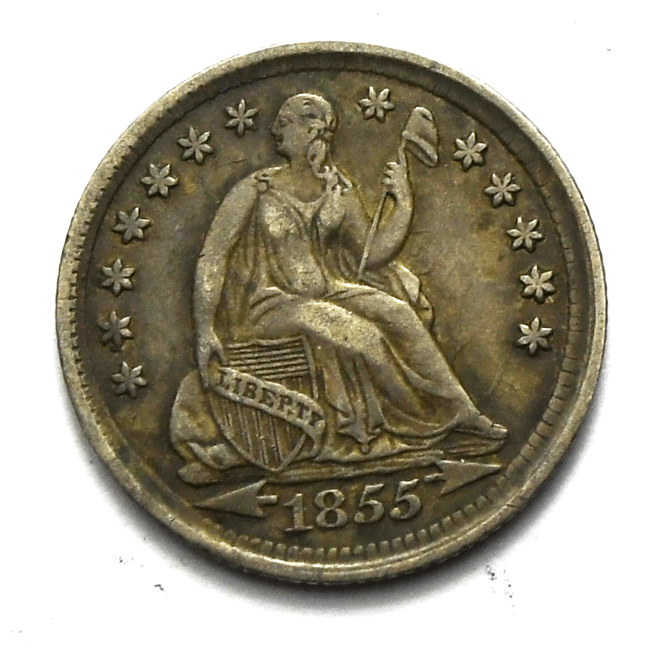 1855 H10c Seated Liberty Silver Half Dime Clashed E Die Crack Reverse