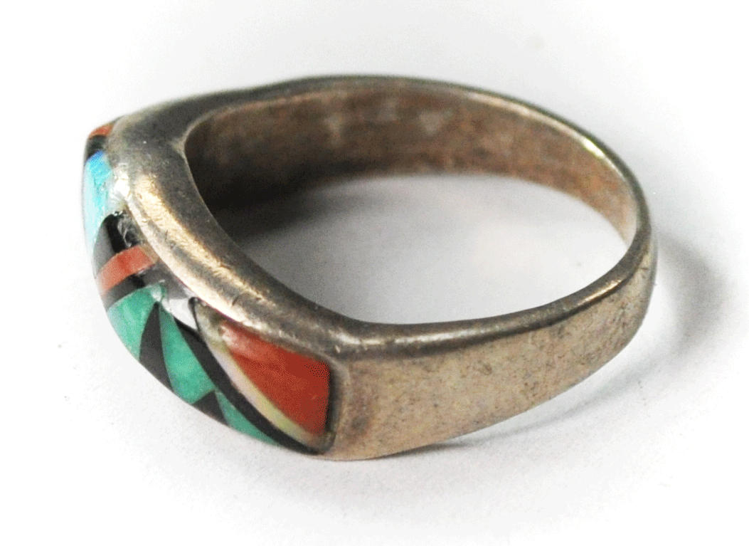 Sterling Silver Colorful Inlay Tiger Tripe Ring Curved Accent Band 7mm Size 9