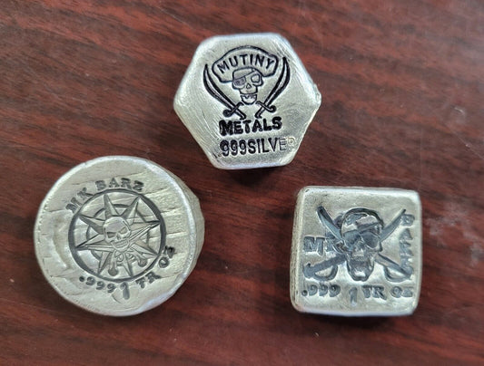 3pc Mutiny Metals & MK Barz Skull & Crossbones 1 oz .999 Fine Silver Art  Poured