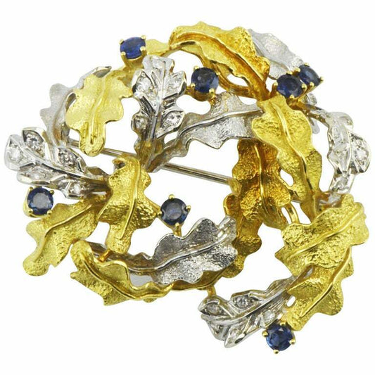 Vintage Two-Tone 18 Karat Gold Sapphire and Diamond Leaf Pendant Brooch 21 Gram