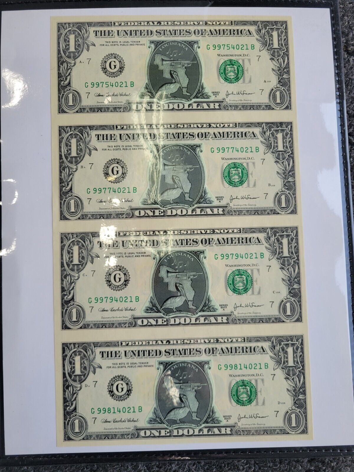 2003 United States Commemorative Gallery Uncut, Uncirculated $1 Bills Louisiana