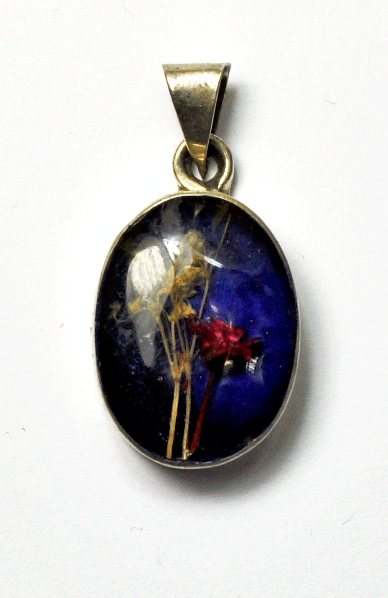 Sterling Oval Glass Floating Wheat Flower Blue Shadow Box Pendant 1.5" 20mm