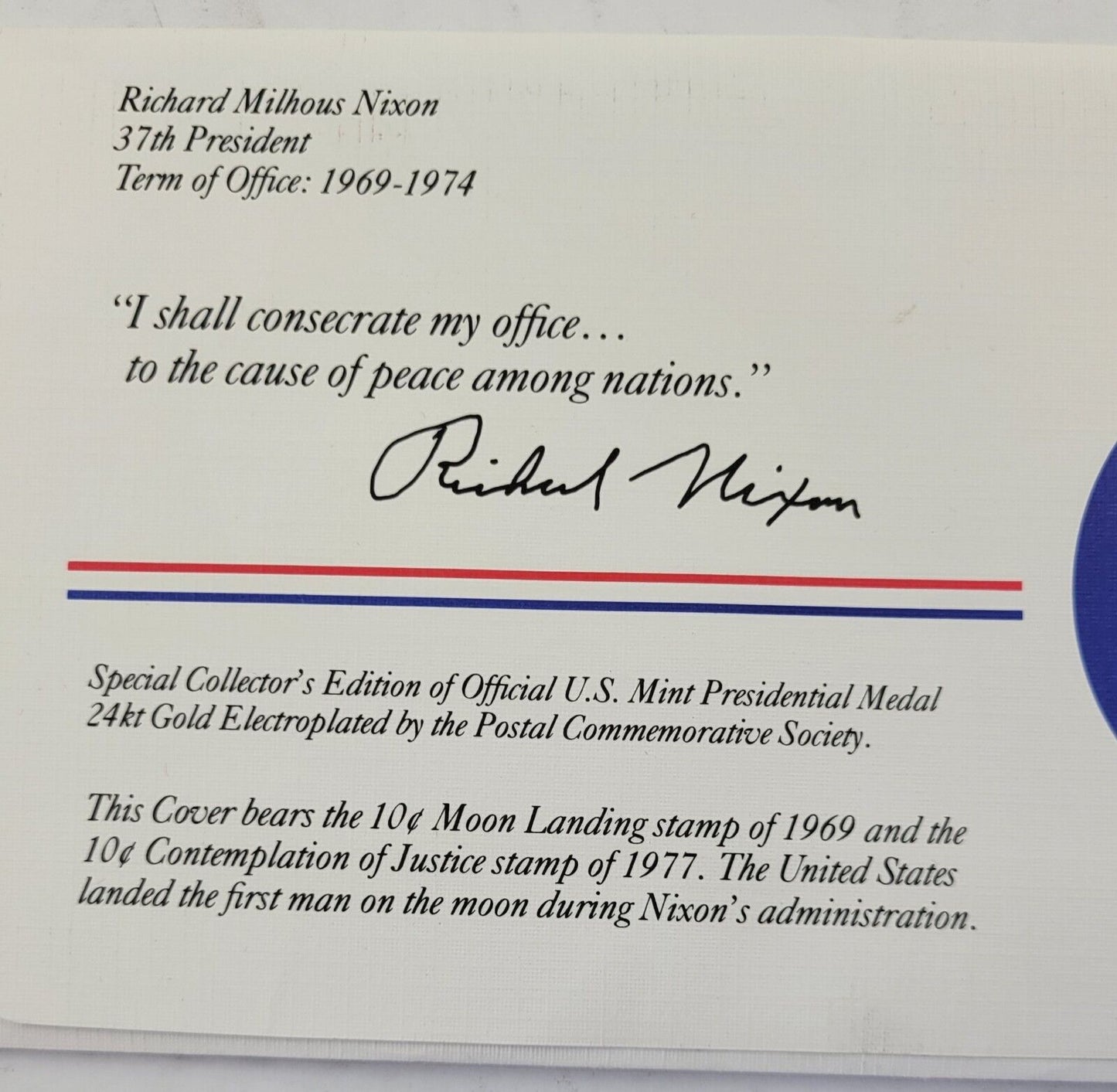Richard Nixon Presidential Covers Medal Postal Commemorative Society Gold Plated
