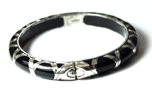 Sterling Silver AP 925 Convex Onyx Bar Metal Inlay Small Bangle Bracelet 8mm