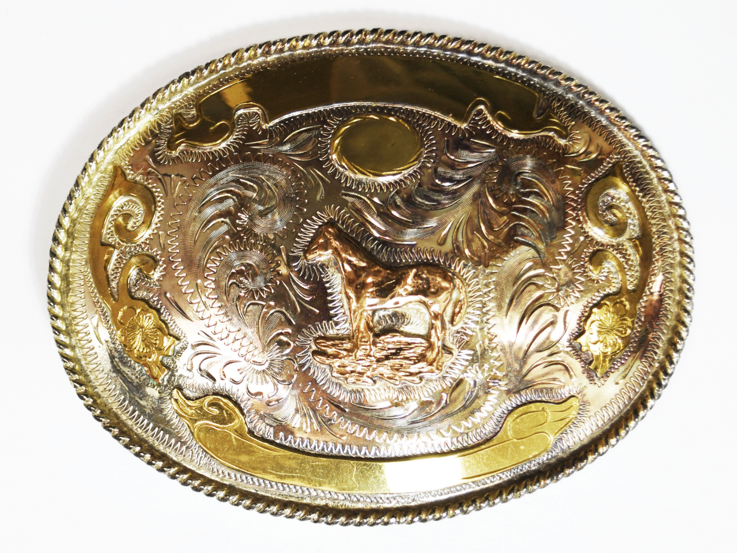 Large Silver Plate Mexico 5" x 3-5/8" Belt Buckle Horse Western 40mm Belt