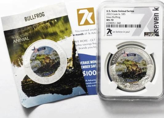 2022 $5 Cook Is Animal Series 7k w Card NGC MS70 Iowa Bullfrog