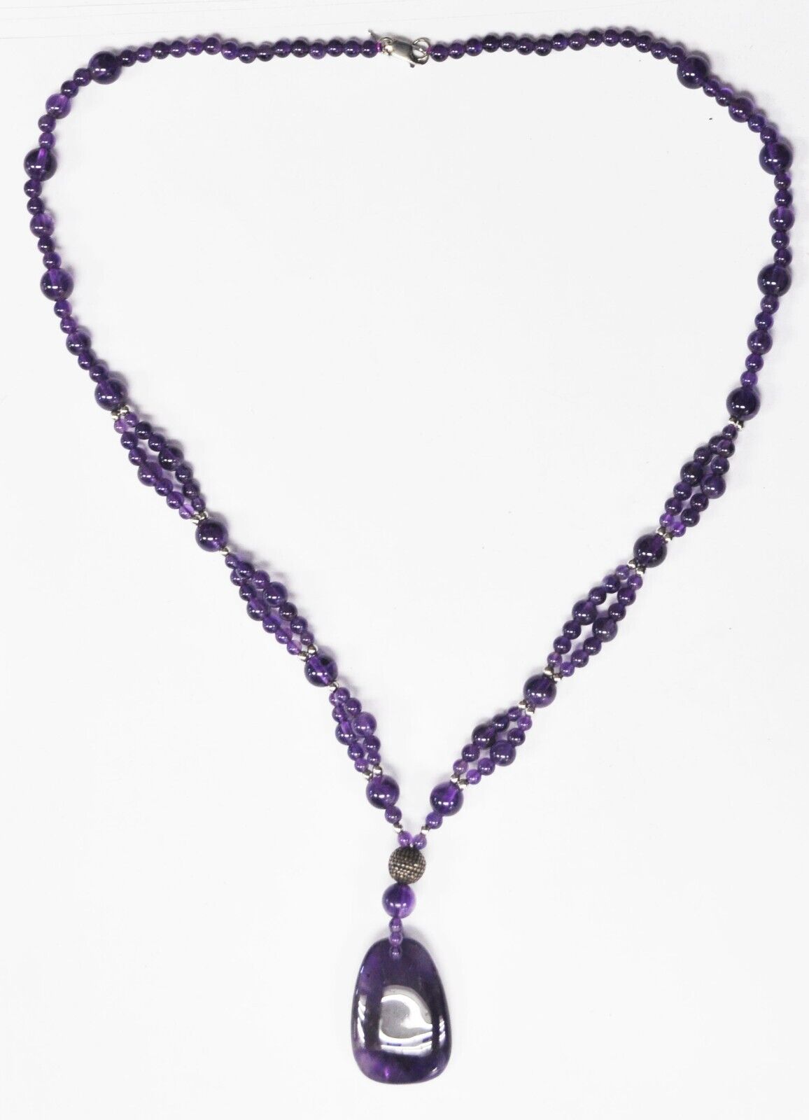 Sterling Silver Amethyst 35mm Pendant 12mm Double Bead Necklace 24"