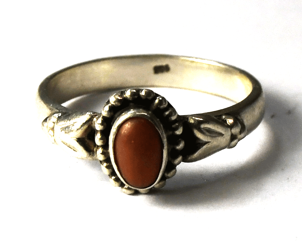 Sterling Silver Red Oval Coral Ring 9mm Size 8