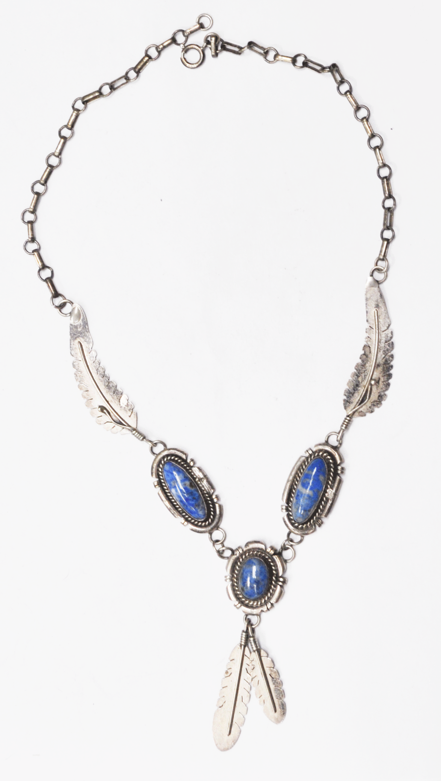 Sterling Silver Glen Willie Leaf Link Feather Dangle Turquoise Necklace 18.5"