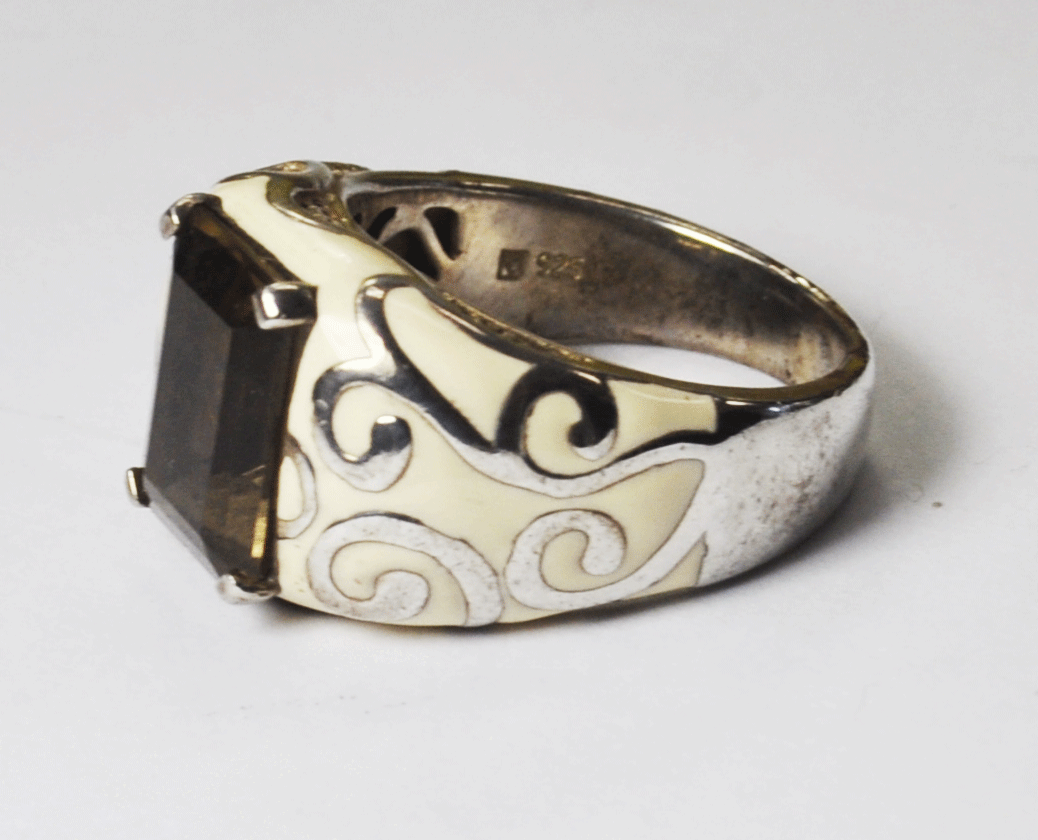 Sterling Silver Smoky Quartz Ivory Enamel Scroll Vine Ring 15mm Size 10