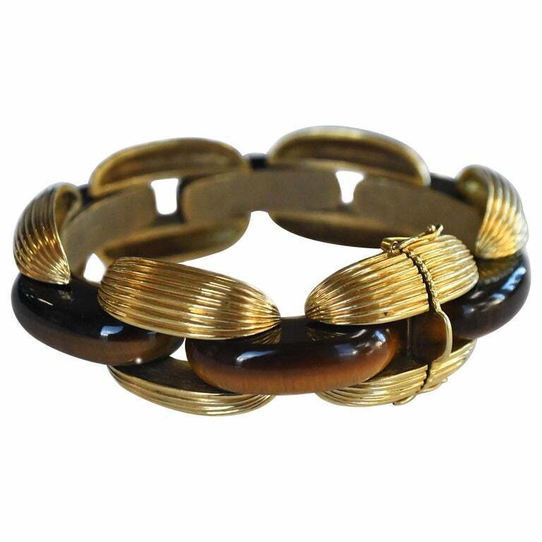 Vintage Louis Fiessler 18k YG Carved Tigers Eye Link Bracelet Germany 22mm