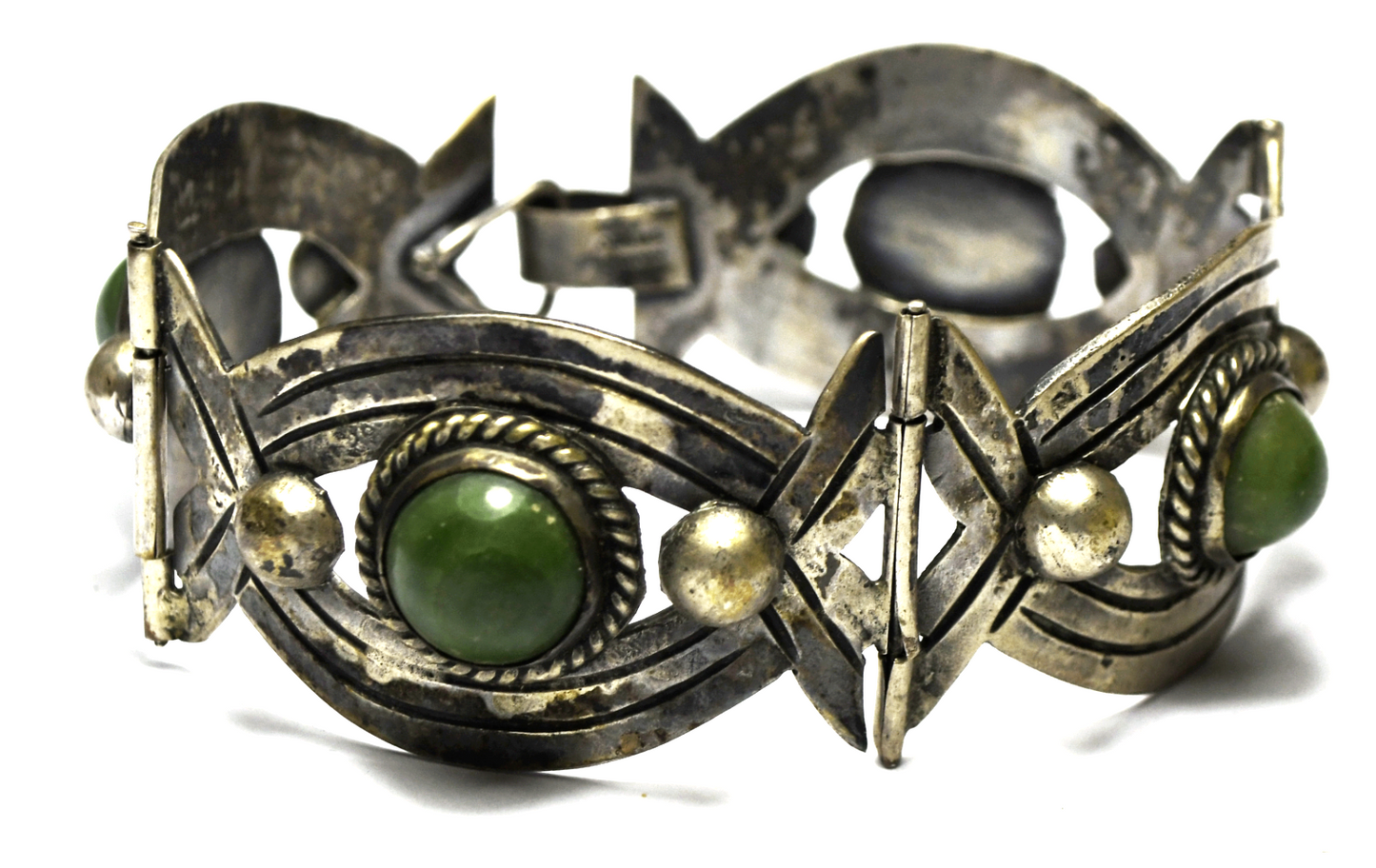 Mexico Silver Green Turquoise Cast Bracelet 28mm 7.25"  62g