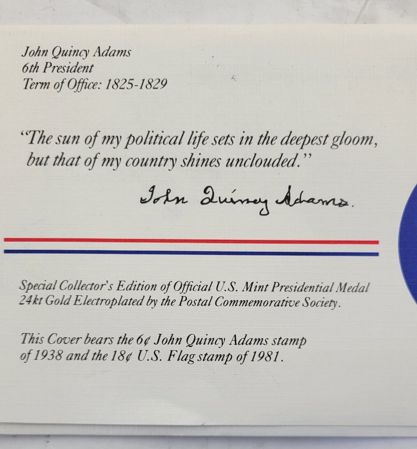 John Q Adams Presidential Covers Medal Postal Commemorative Society Gold Plated