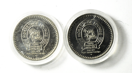 2 $1`Canada Trade Dollars 34mm Horseshoe Lounge Fort Saskatchewan