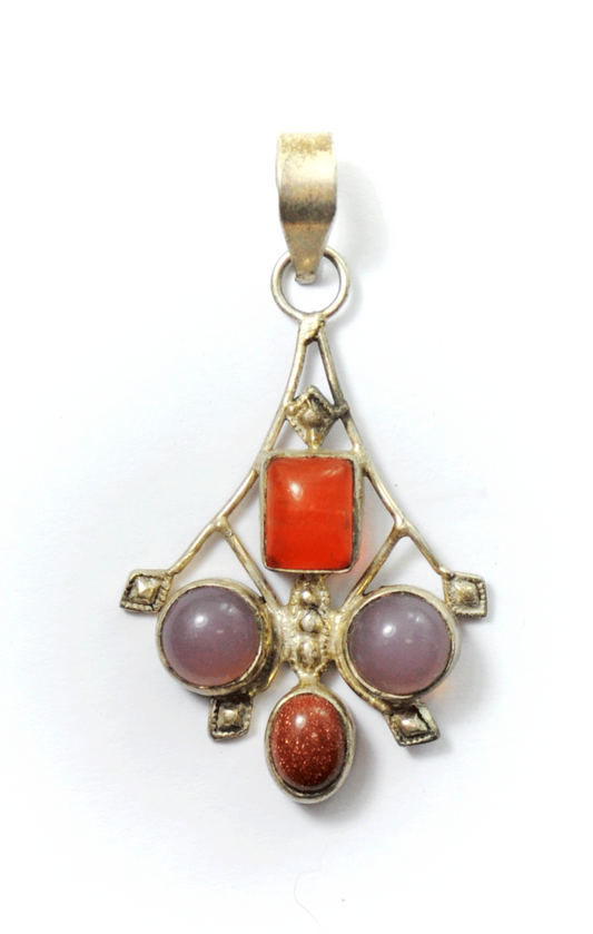 Sterling Silver Moonstone Goldstone Amber Filigree Wire Pendant 59mm x 33mm
