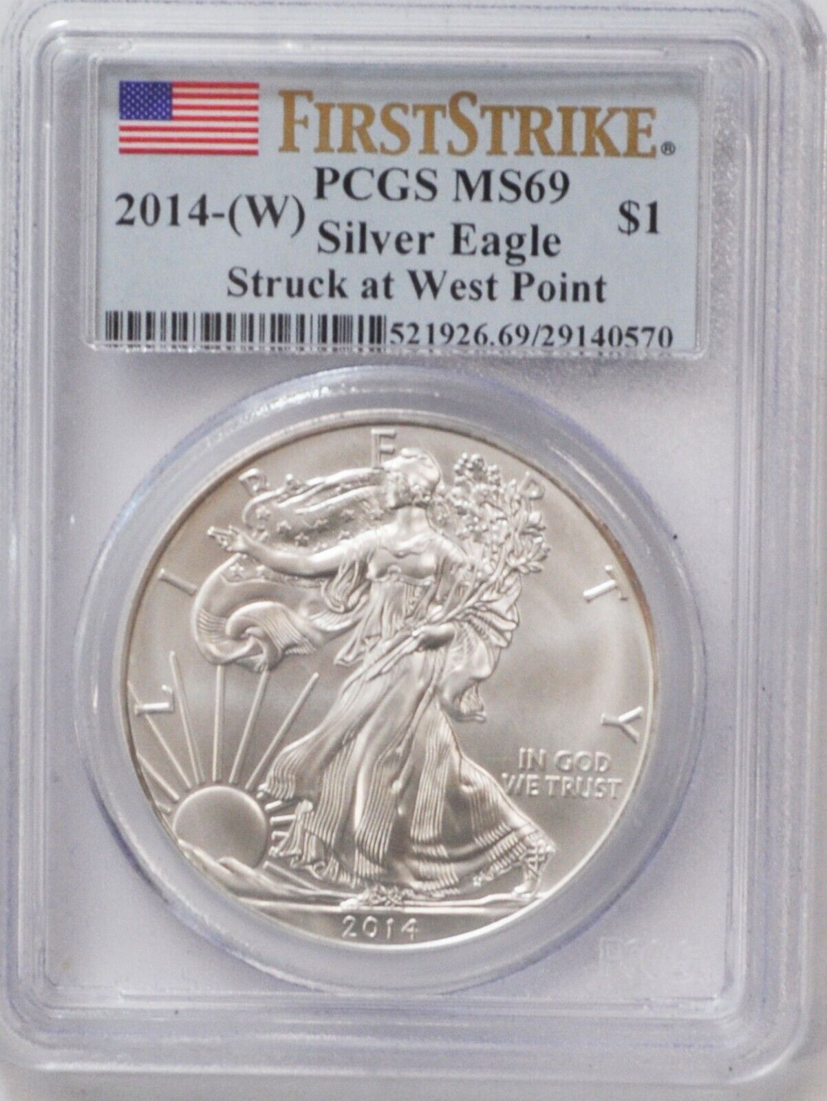 2014 W $1 Silver American Eagle PCGS MS69 One Ounce Fine First Strike