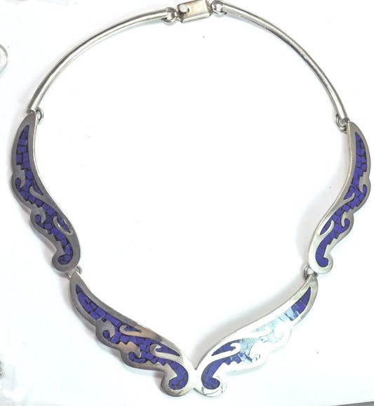 Sterling Silver Mexico Blue Flame Enamel Wings Taxco 17" TM-23 20mm