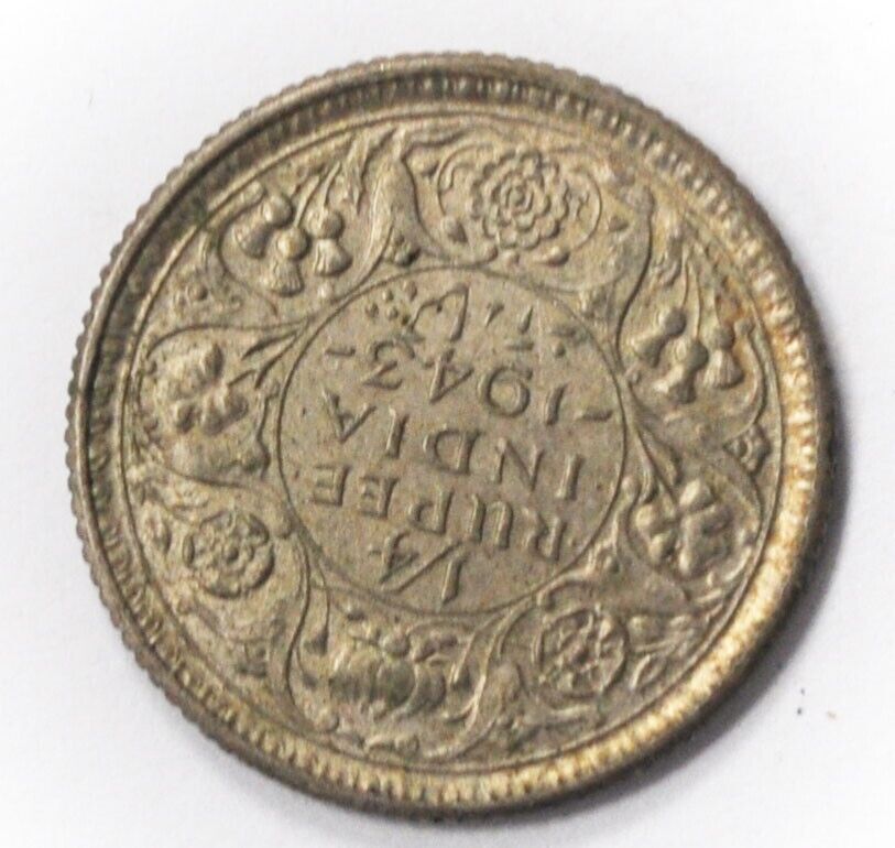 1943 India-British 1/4 Quarter Rupee Silver Coin