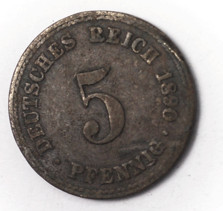 1890 A Germany Empire 5 Five Pfennig Copper Nickel Coin KM#11