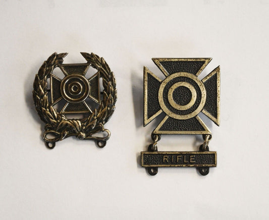 Set of 2 WWII Era Bell Trading Post Rifle Sterling Marksman Pin Cross Medals