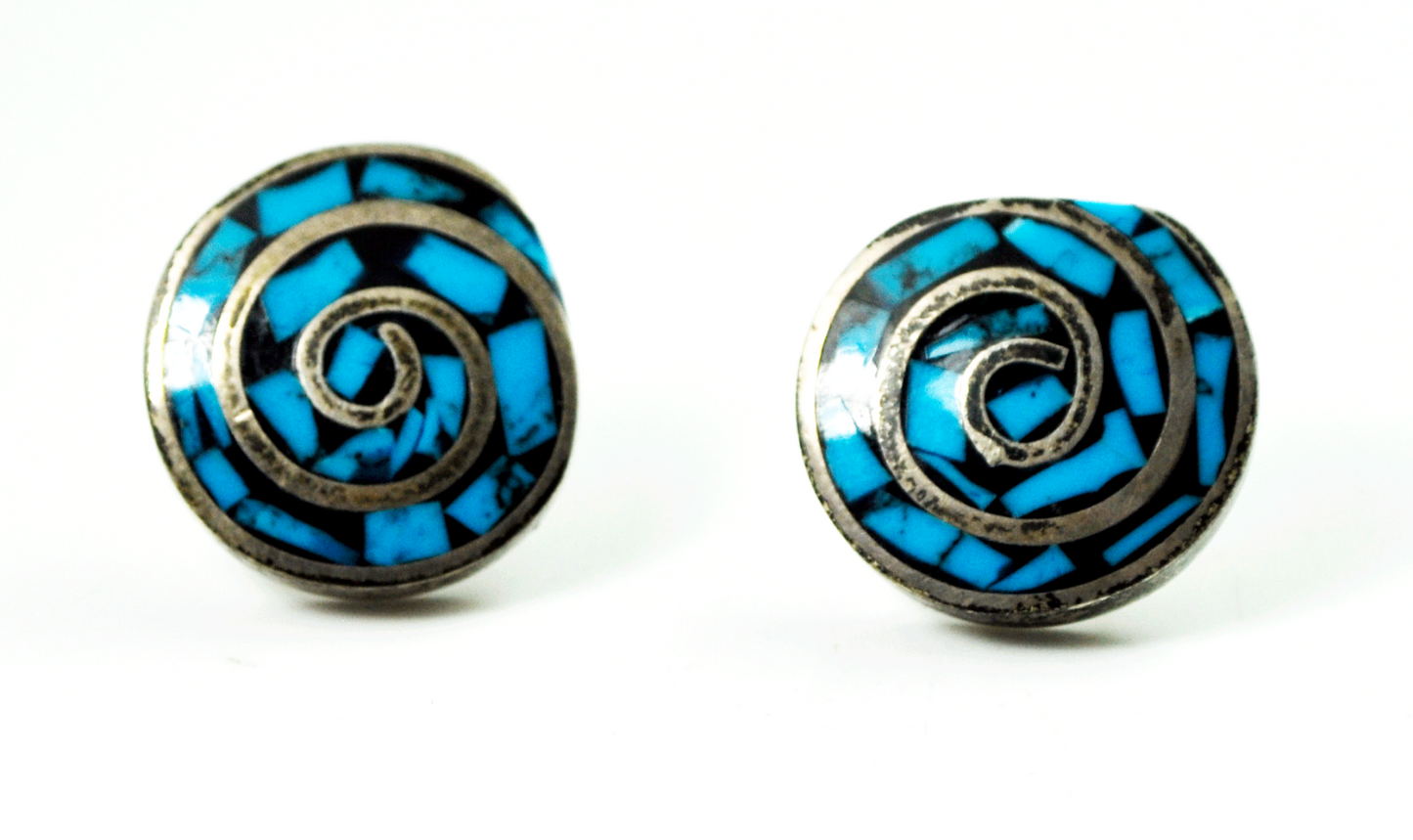 Sterling Mexico TS-102 Blue Turquoise Swirl Inlay Round Earrings 18mm Stud