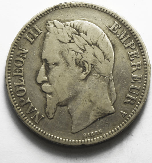 1868 A France 5 Five Francs Silver Coin KM# 799.1