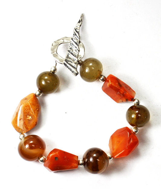 Silver Plate Abstract Clasp Green & Orange Bead Toggle Bracelet 16mm 7.5"