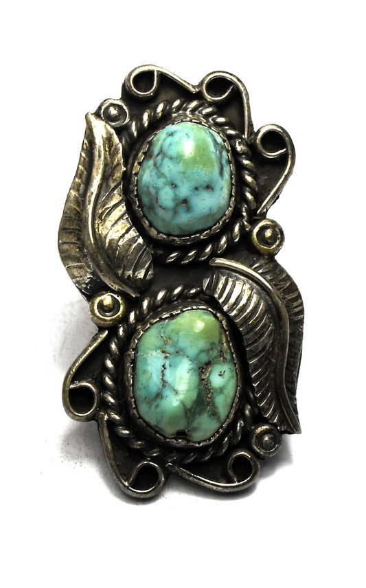 Sterling Silver Elongated Double Turquoise Ring 47mm Size 6-1/4
