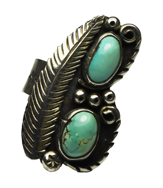 Sterling Silver Signed RCL Double Turquoise Ring 35mm Size 7-1/2